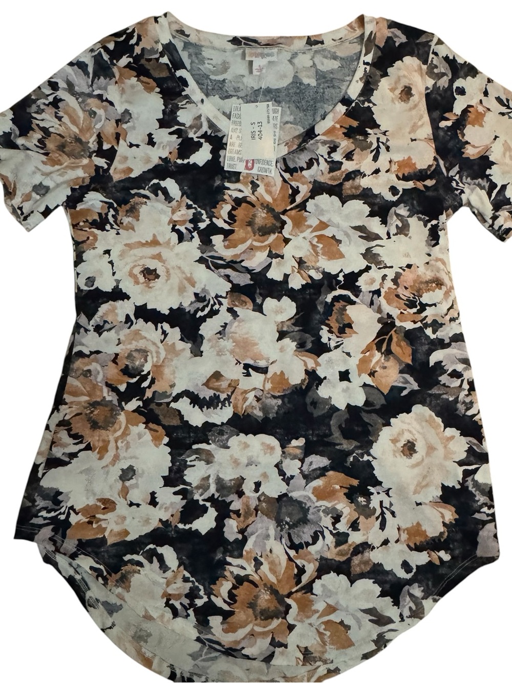 LuLaRoe Iris Short Sleeve V-Neck Top - Blue, Beige Floral